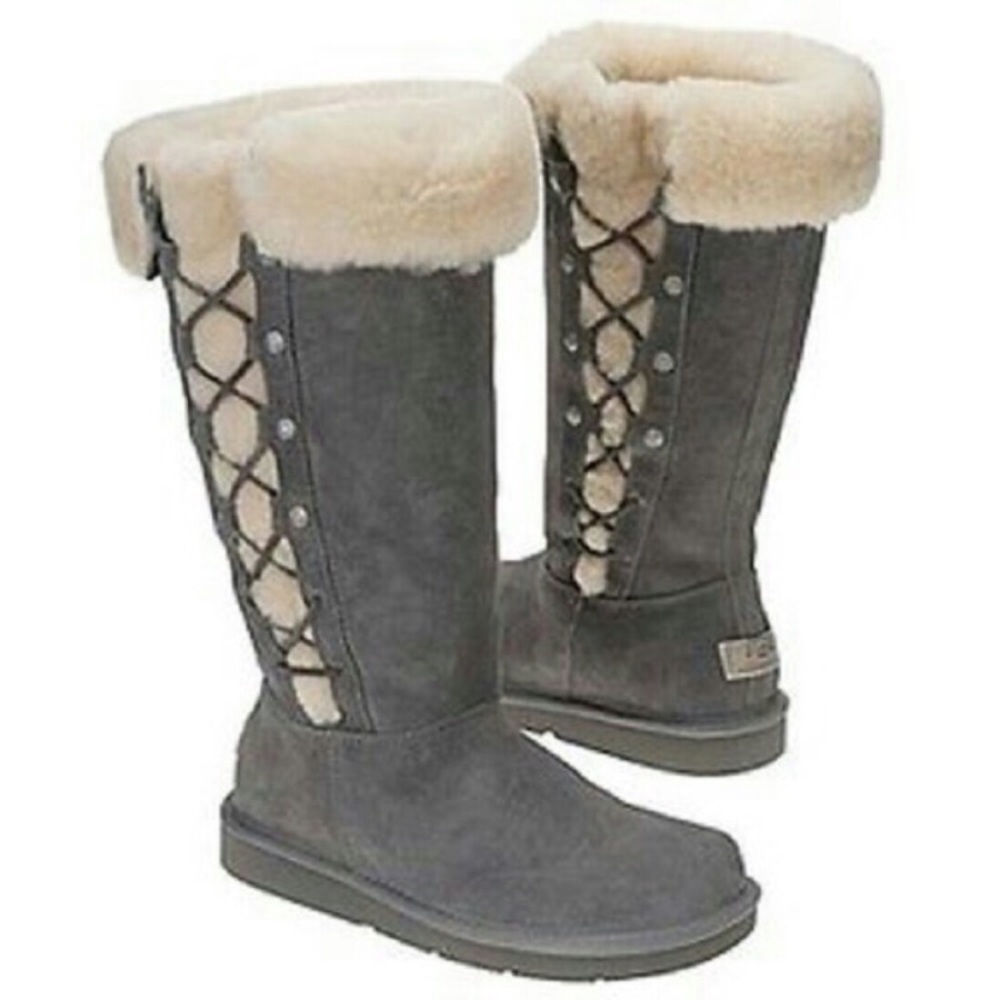 UGG Upside Tall Boots Gray Suede Shearling Lace Up Womens 5 EU 36 Winter